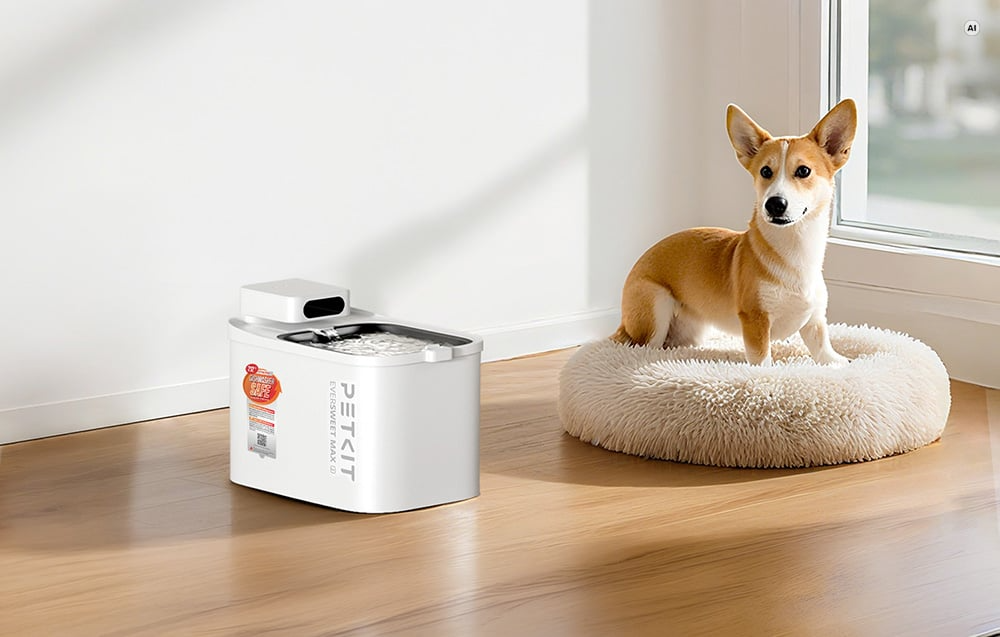 Pies odpoczywający obok cichej fontanny PETKIT Eversweet Max 2